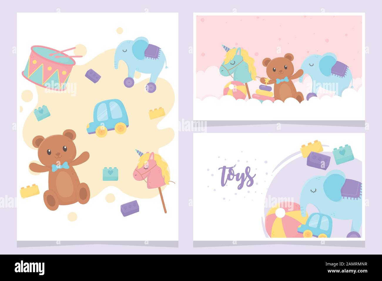 elephant horse stick car drum blocks cards cartoon kids toys vector