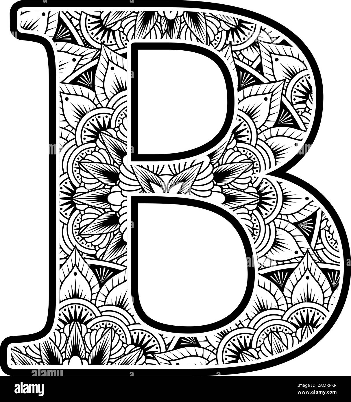 capital letter b with abstract flowers ornaments in black and white. design inspired from mandala art style for coloring. Isolated on white background Stock Vector