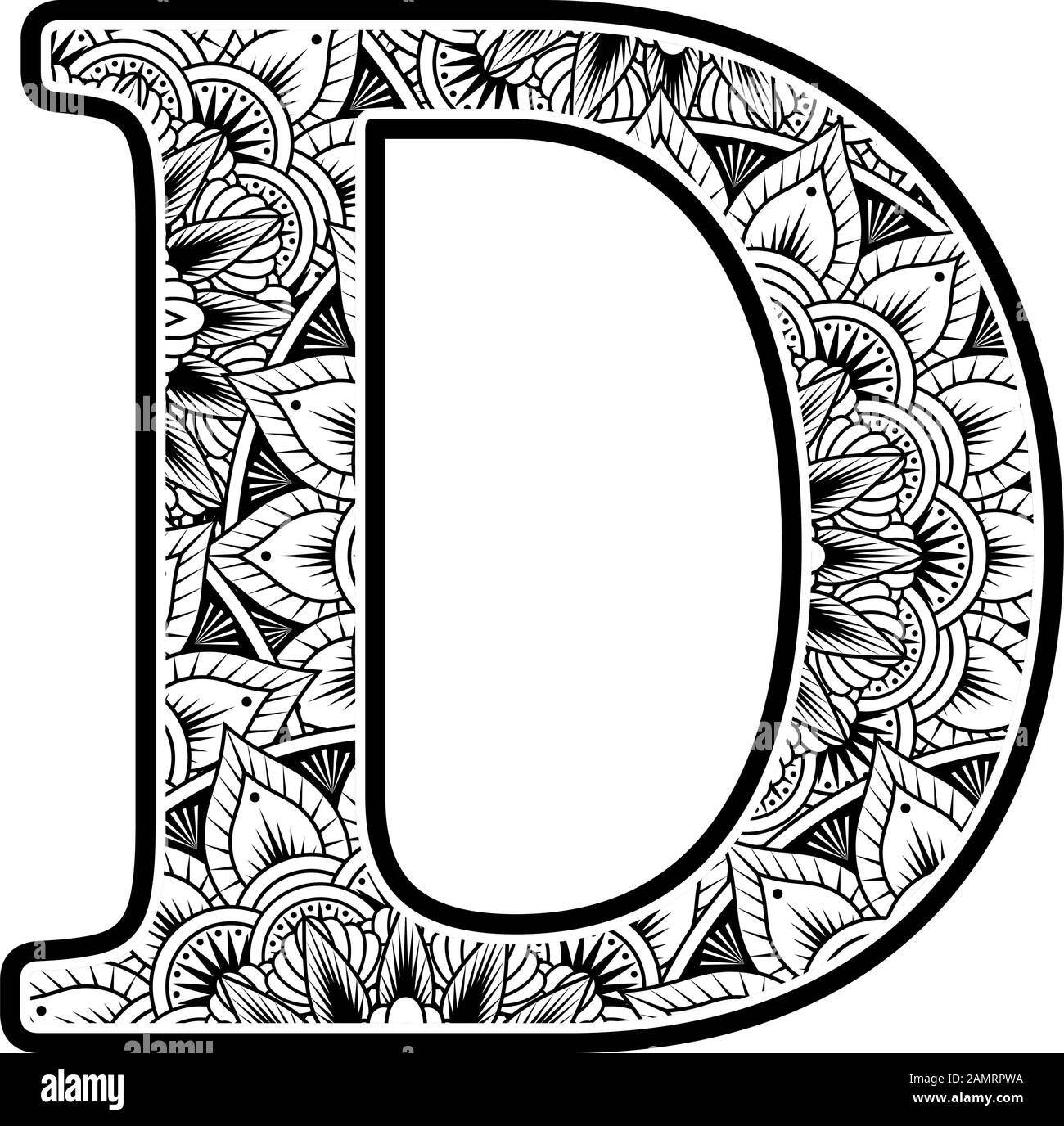 capital letter d with abstract flowers ornaments in black and white. design inspired from mandala art style for coloring. Isolated on white background Stock Vector