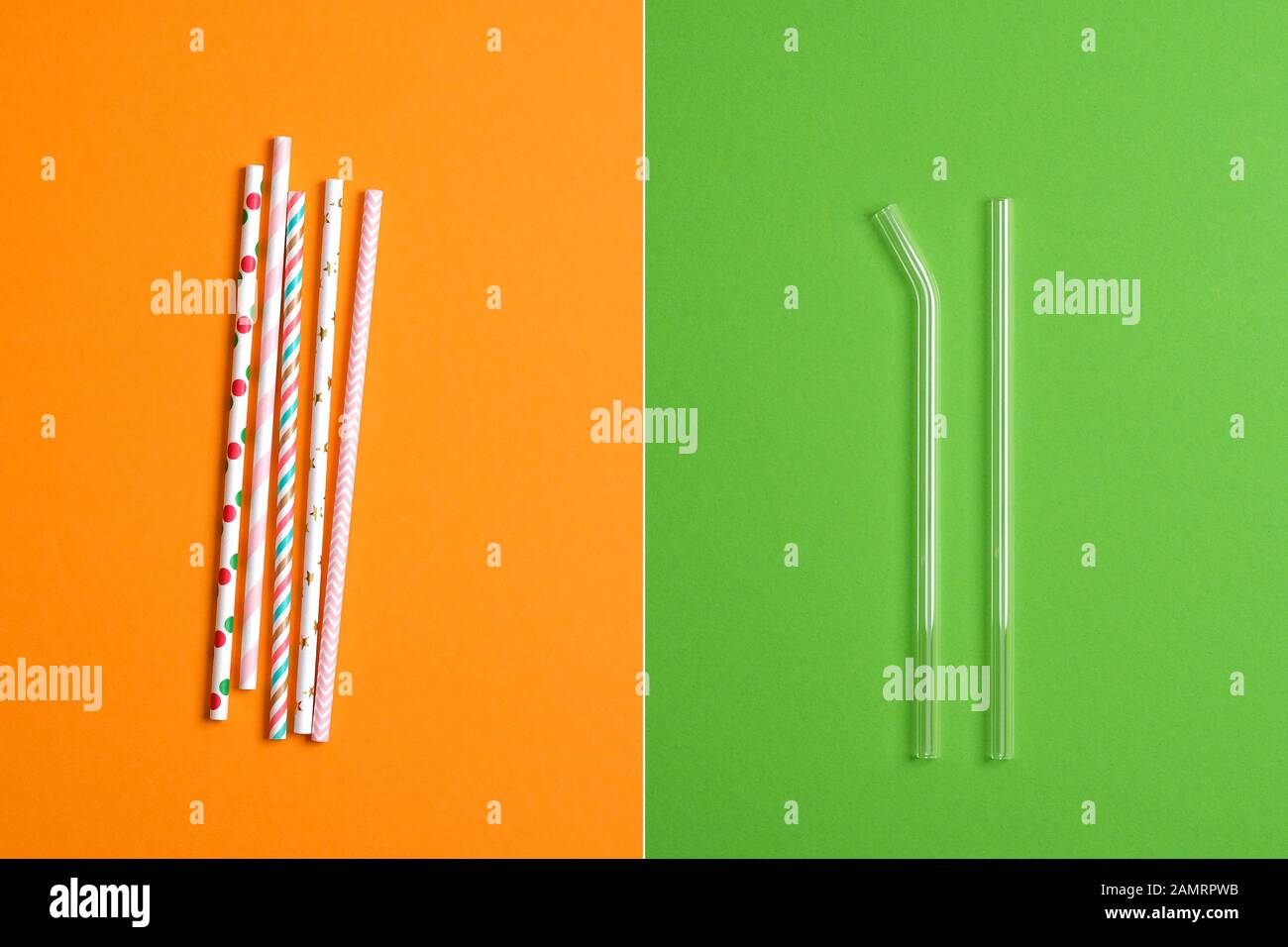 Comparison concept. Reusable Eco Friendly Glass Drinking Straws vs