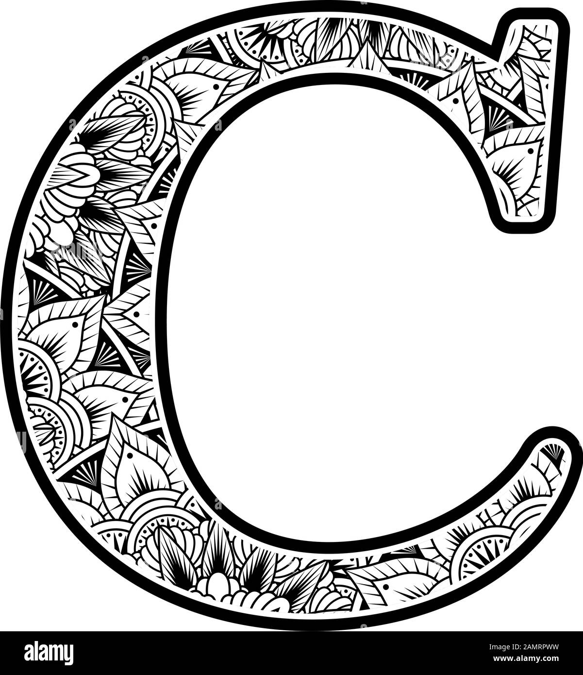 capital letter c with abstract flowers ornaments in black and white. design inspired from mandala art style for coloring. Isolated on white background Stock Vector