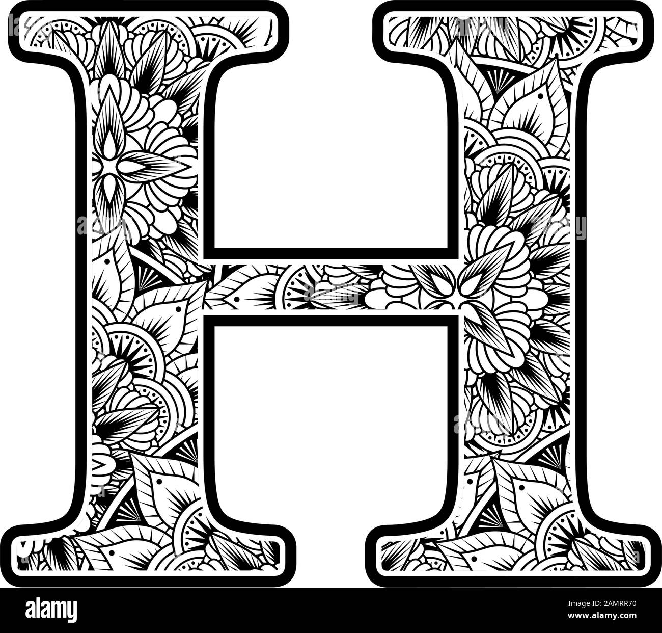 capital letter h with abstract flowers ornaments in black and white. design inspired from mandala art style for coloring. Isolated on white background Stock Vector