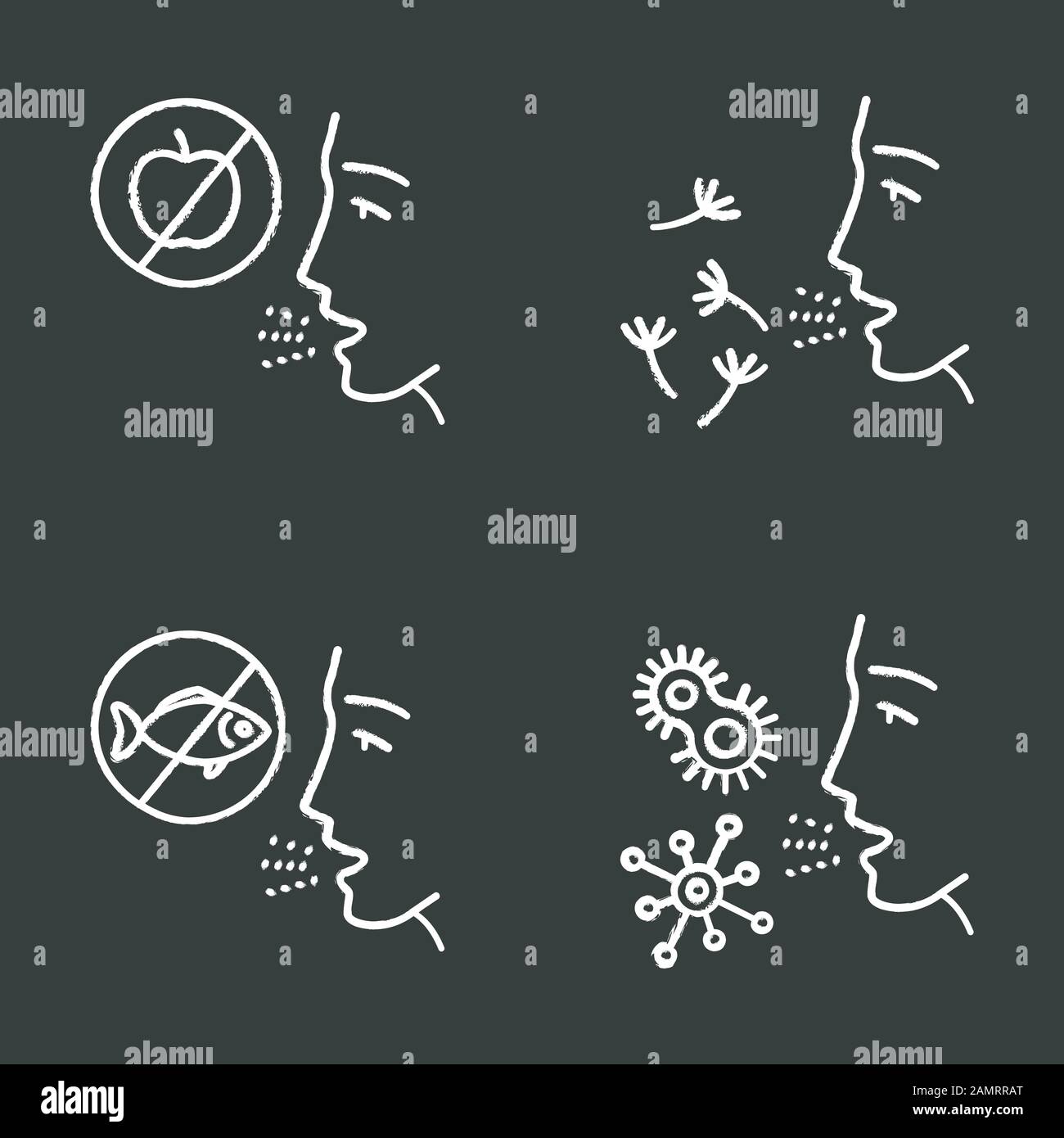 Allergies chalk icons set. Food, pollen, bacteria intolerance. Allergen
