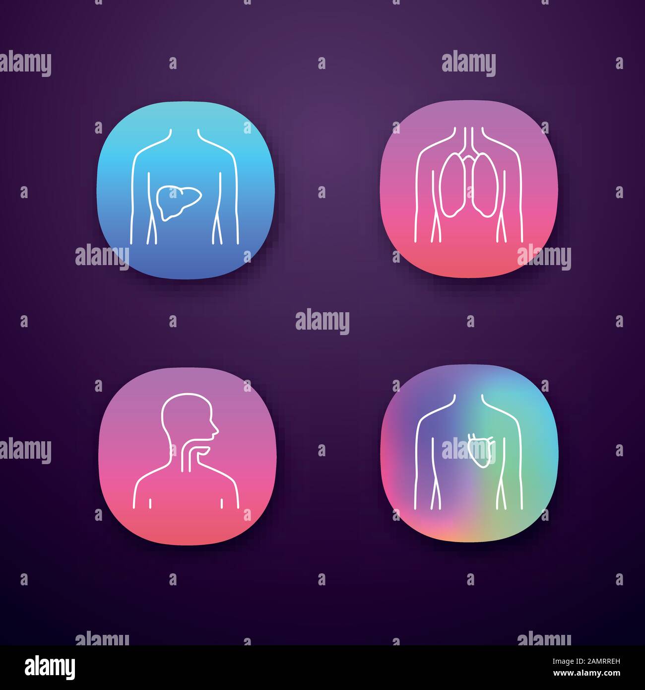 Healthy human organs app icons set. Liver and lungs in good health ...