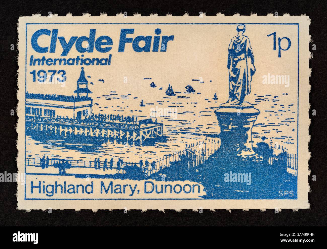 Cinderella Stamp featuring Clyde Fair International 1973 and Highland Mary statue, Dunoon, Scotland, UK. Stock Photo