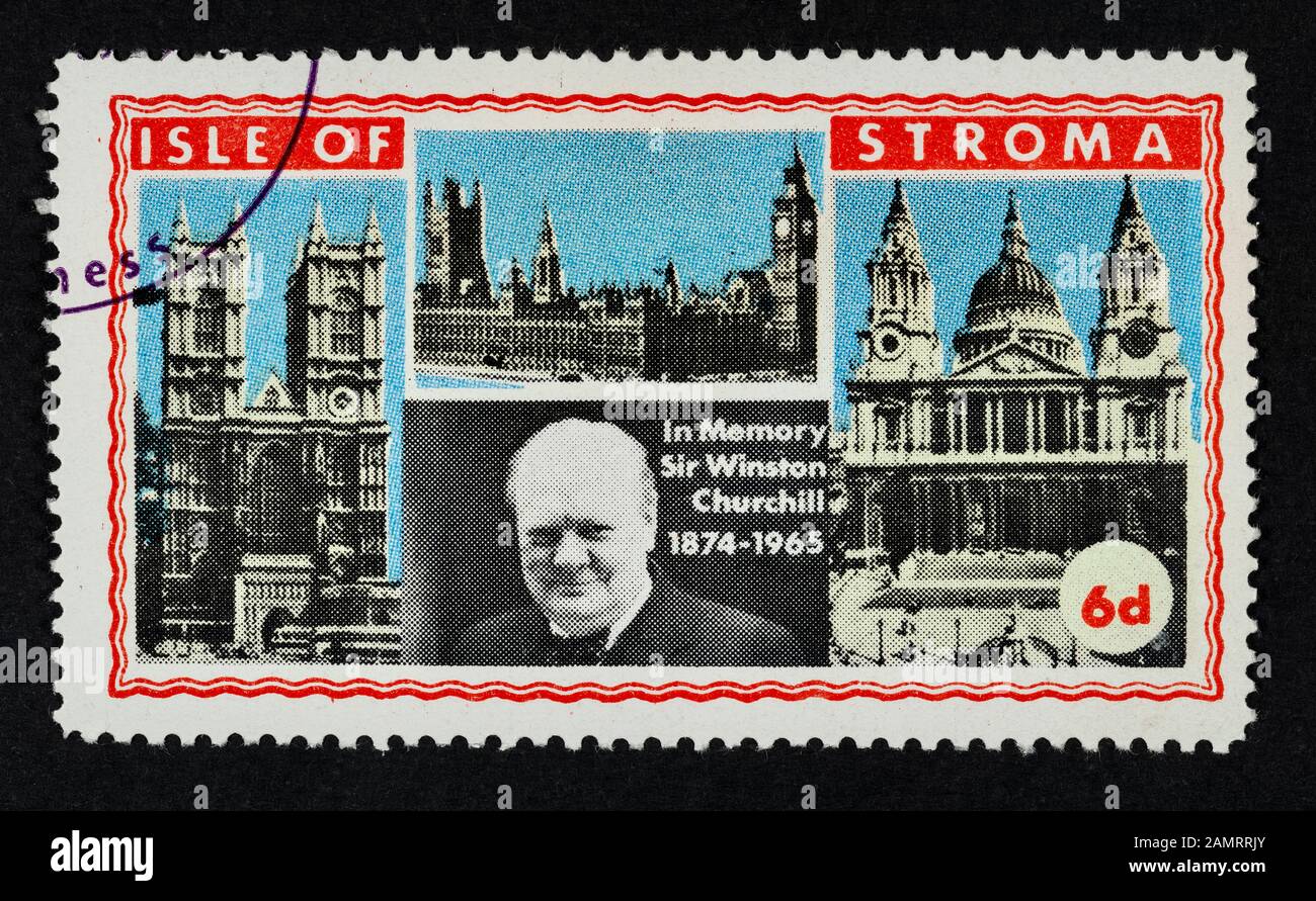 Cinderella stamp from the Isle of Stroma, Scotland, UK, in memory of Sir Winston Churchill. Stock Photo