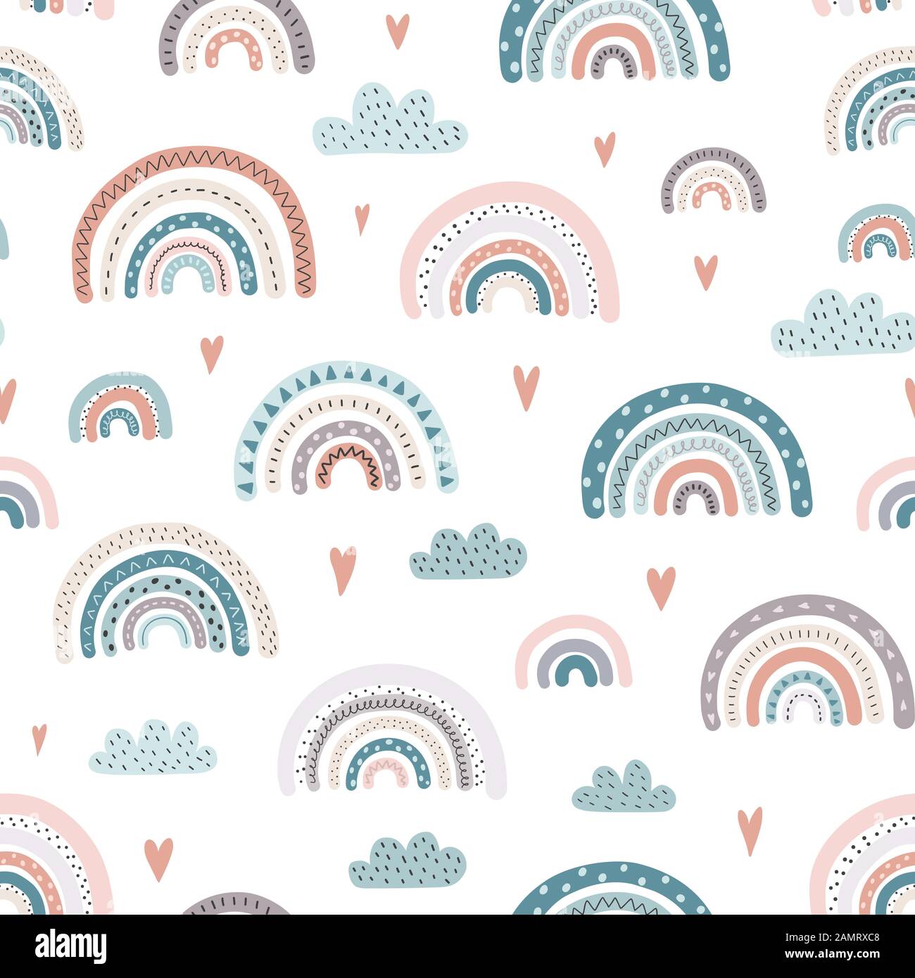 Cute rainbows and hearts seamless pattern. Adorable background Stock Vector