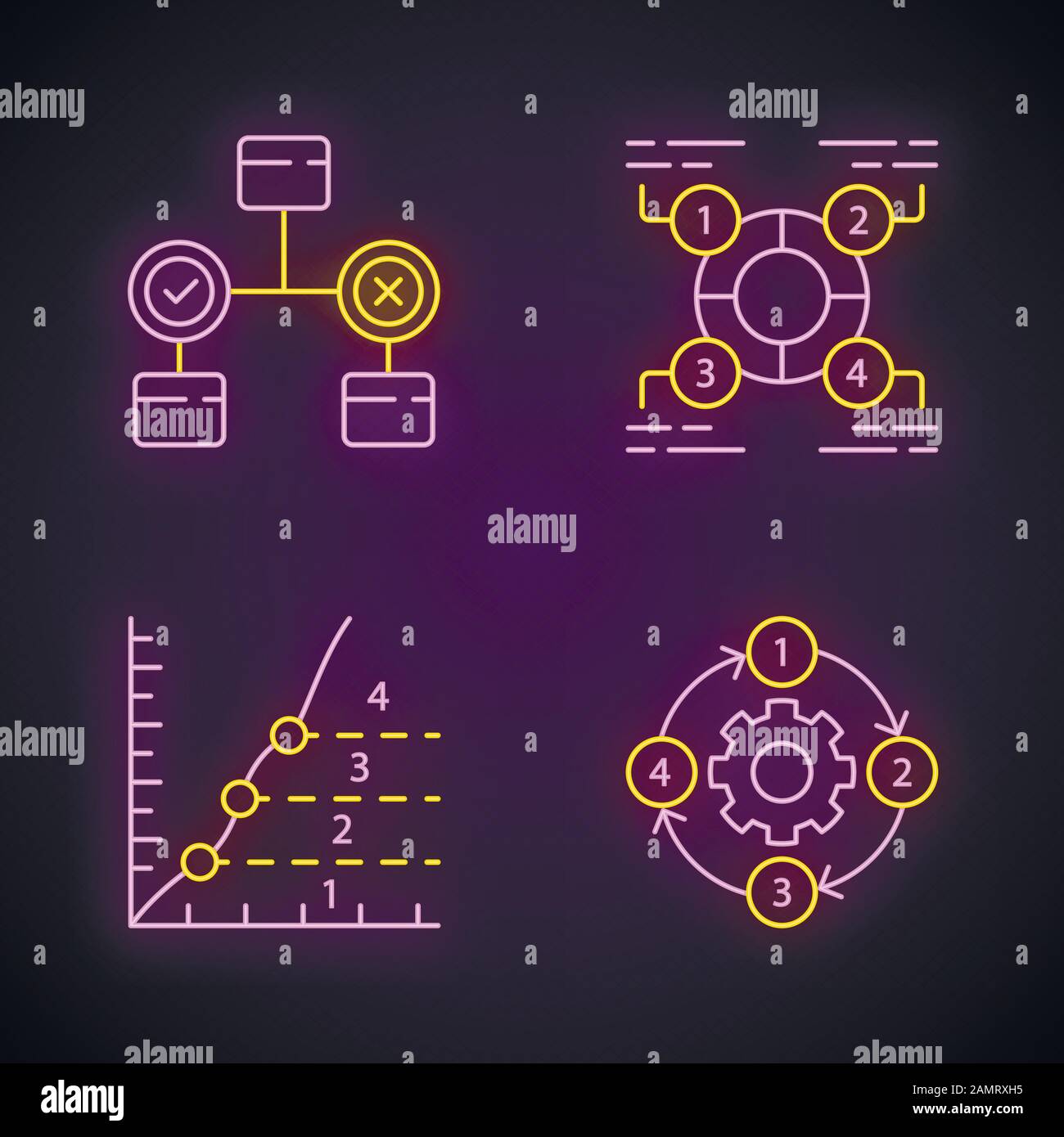 Diagram concepts neon light icons set. Decision, explanatory, phase, process charts. Statistics data and process flow. Information representation. Glo Stock Vector