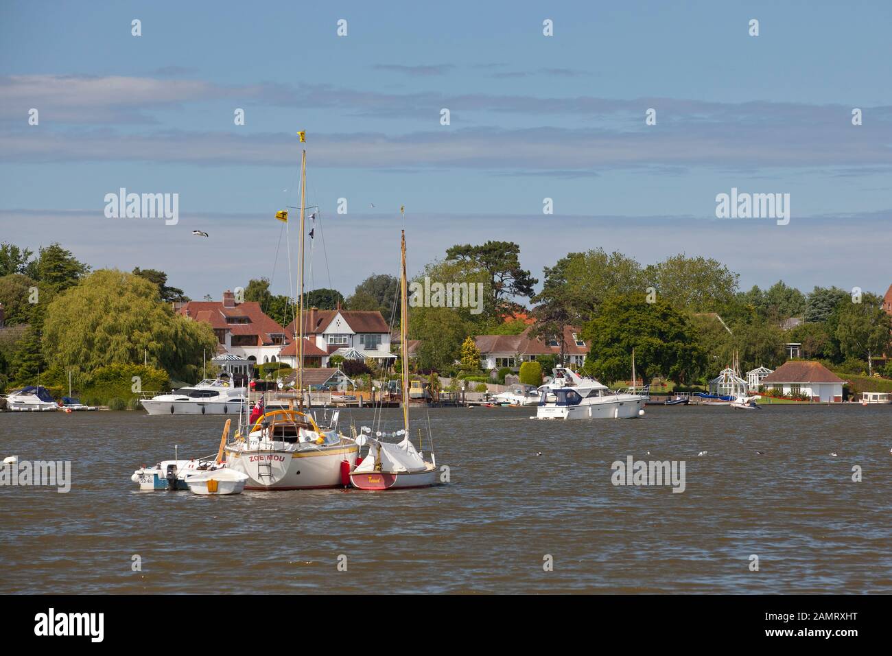 Yacht anchored at Oulton Broad against backdrop of exclusive properties Stock Photo
