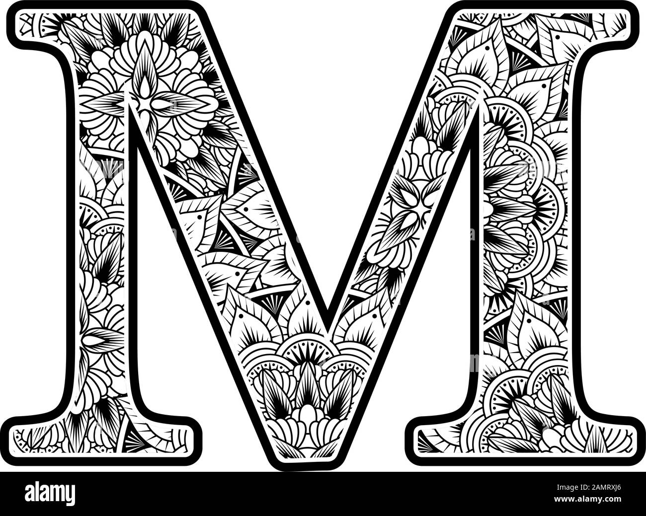 capital letter m with abstract flowers ornaments in black and white. design inspired from mandala art style for coloring. Isolated on white background Stock Vector