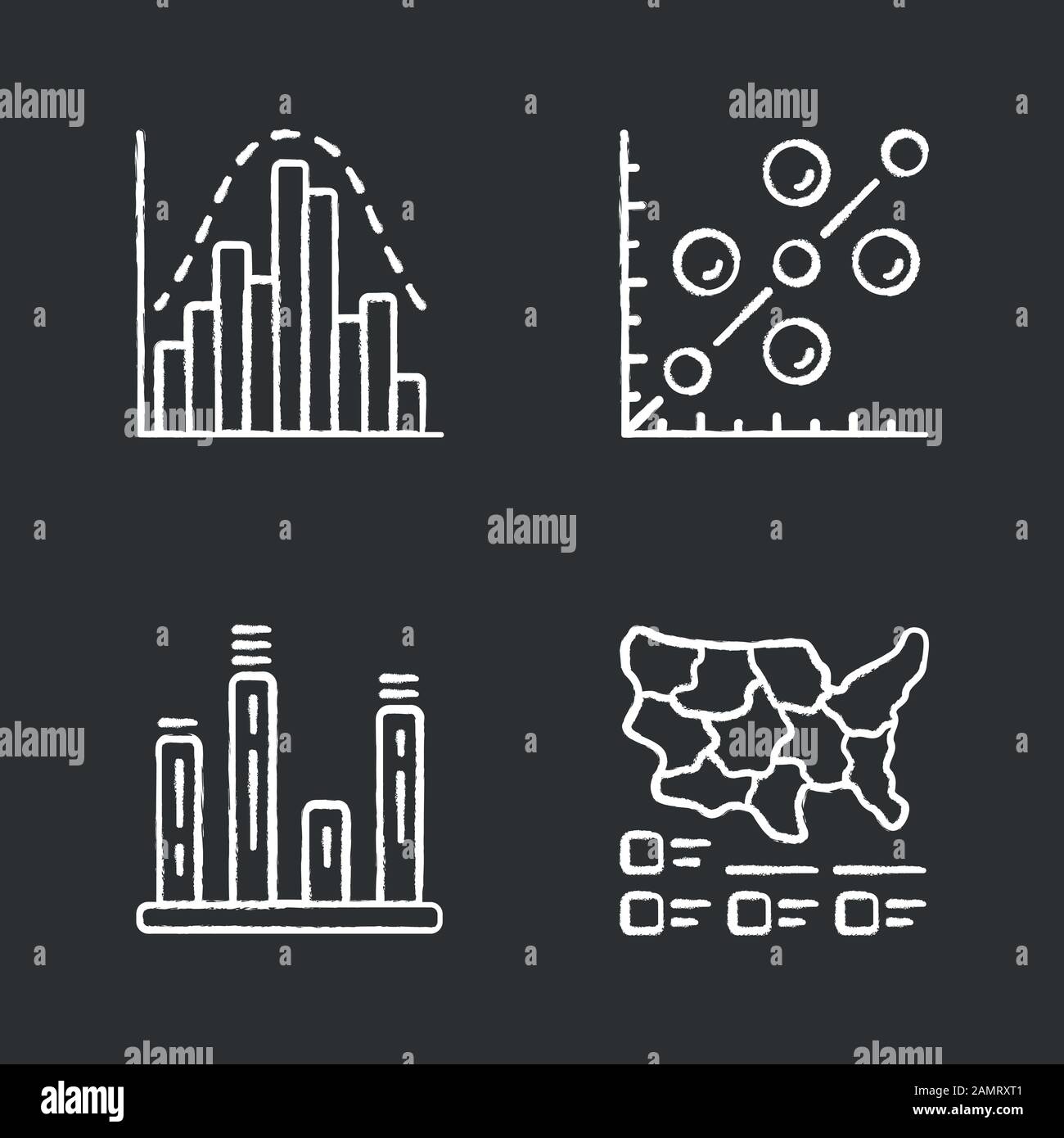 Diagrams chalk icons set. Histogram, bar graph, scatter plot, cartogram. Data visualization. Analytical information. Comparisons among discrete catego Stock Vector