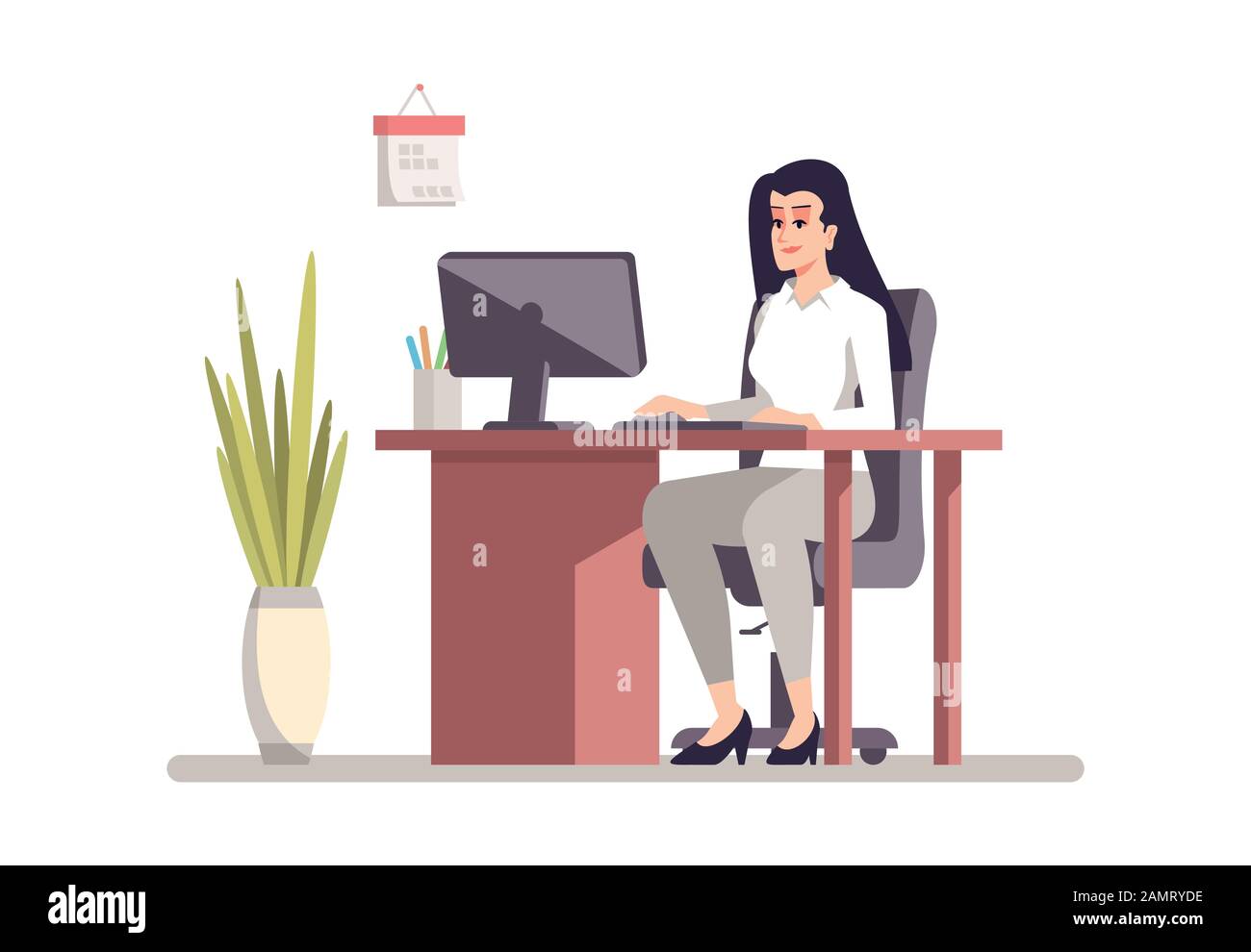 Secretary flat vector color illustration. Personal assistant working at office concept. Programmer, designer with computer. Young female employee, off Stock Vector