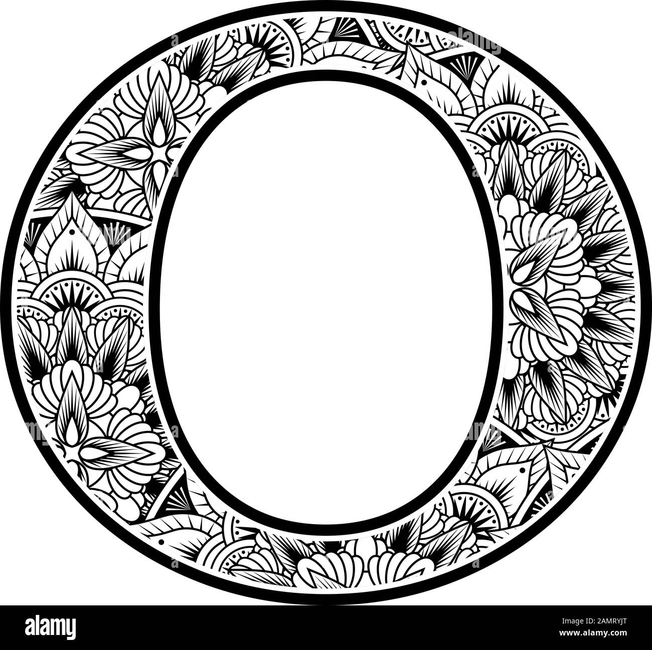 capital letter o with abstract flowers ornaments in black and white. design inspired from mandala art style for coloring. Isolated on white background Stock Vector