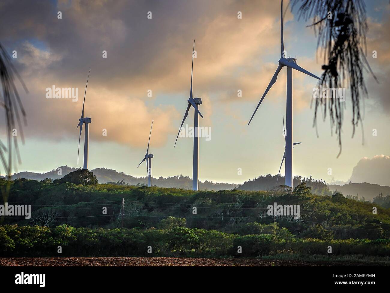 Sunset on a north shore Oahu, Hawaii wind farm Stock Photo Alamy