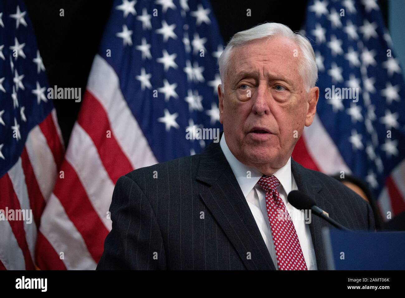 Washington, DC, USA. 14th Jan, 2020. United States House Majority Leader Steny Hoyer (Democrat of Maryland) delivers remarks regarding the ten year anniversary of the Citizens United decision at the United States Capitol in Washington, DC, U.S., on Tuesday, January 14, 2020. The highly controversial decision regarding campaign finance is seen by some as a victory for free speech, while others feel it gives special interest groups too much power in Washington. Credit: Stefani Reynolds/CNP | usage worldwide Credit: dpa/Alamy Live News Stock Photo