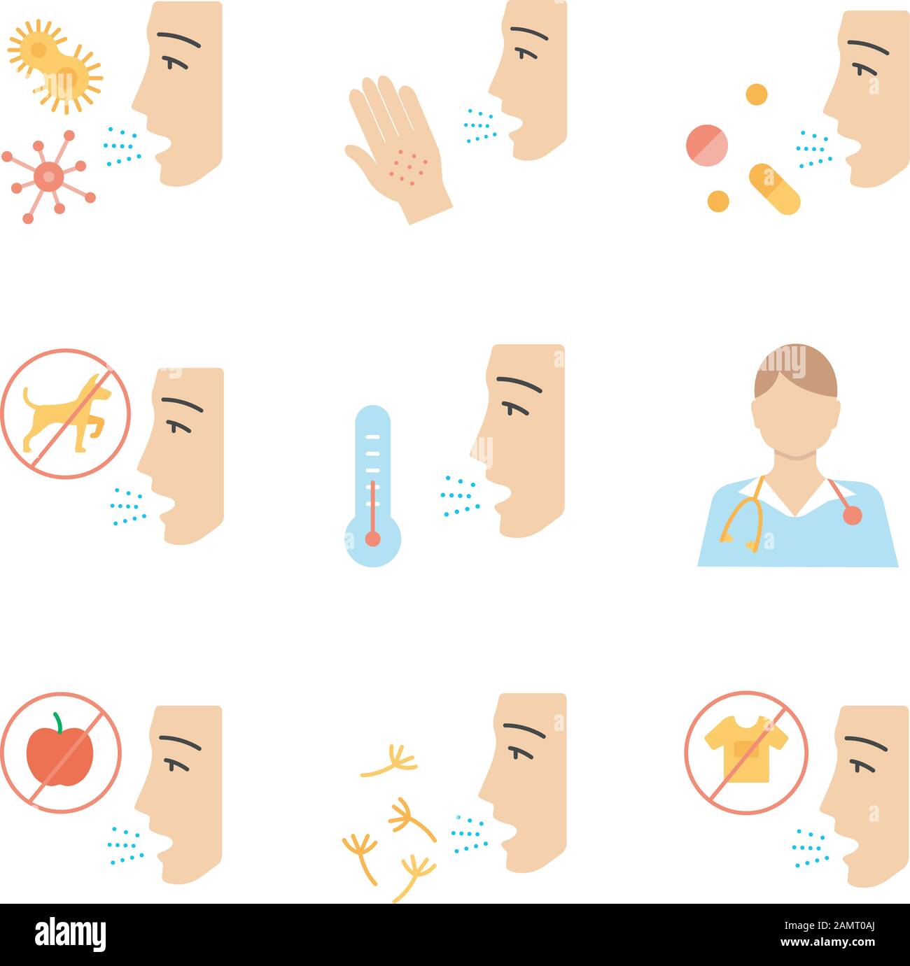 Allergies flat design long shadow color icons set. Contact, food, respiratory diseases. Diagnosis and medication. Hypersensitivity of immune system. M Stock Vector