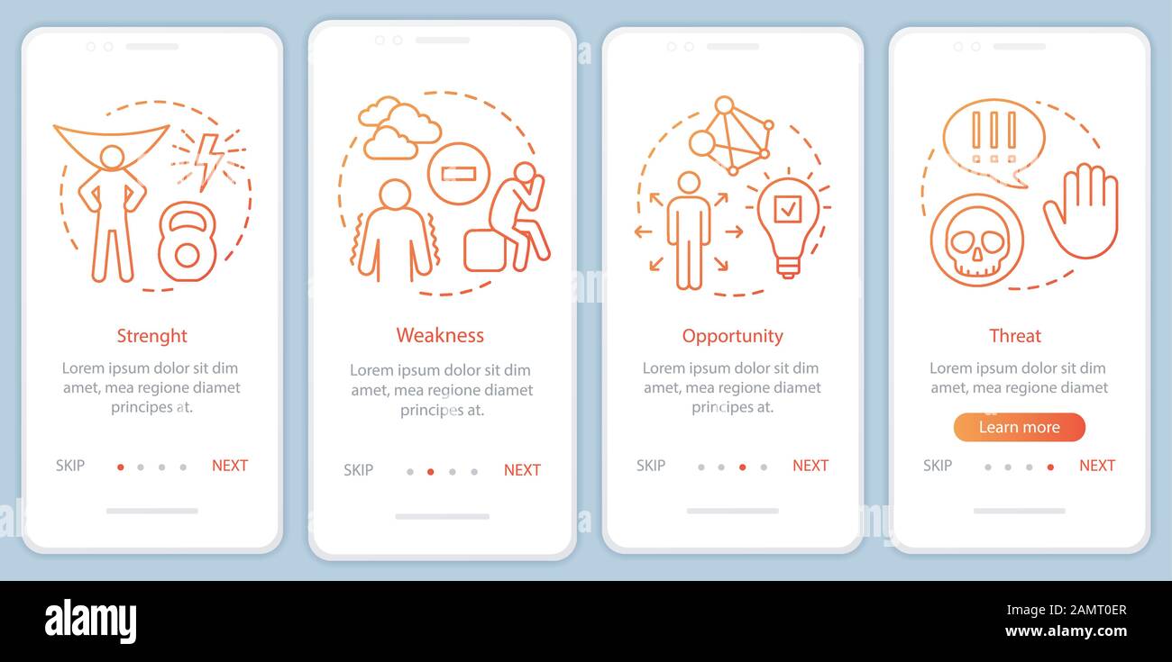 SWOT analysis orange gradient onboarding mobile app page screen vector ...