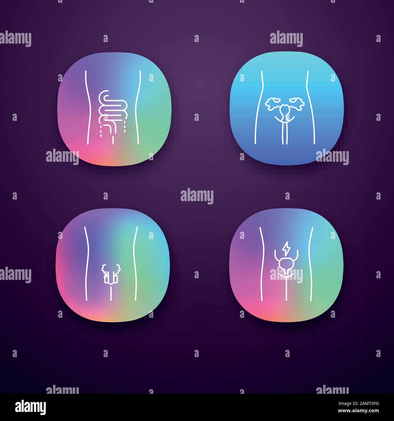 Ill human organs app icons set. Sore intestines and urinary bladder ...