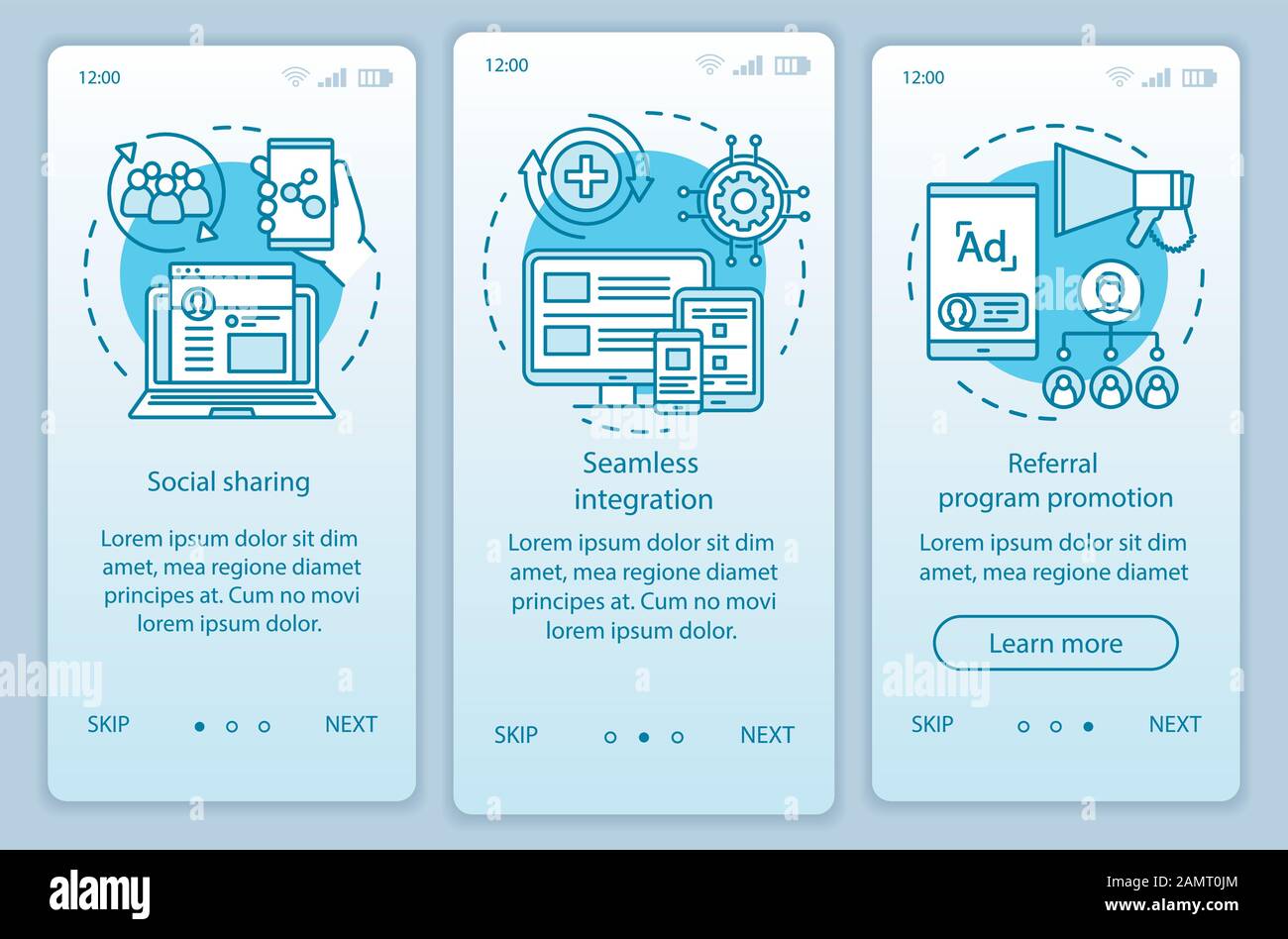 Referral program key items onboarding mobile app page screen with linear concepts. Three walkthrough steps graphic instructions. Customer attraction. Stock Vector