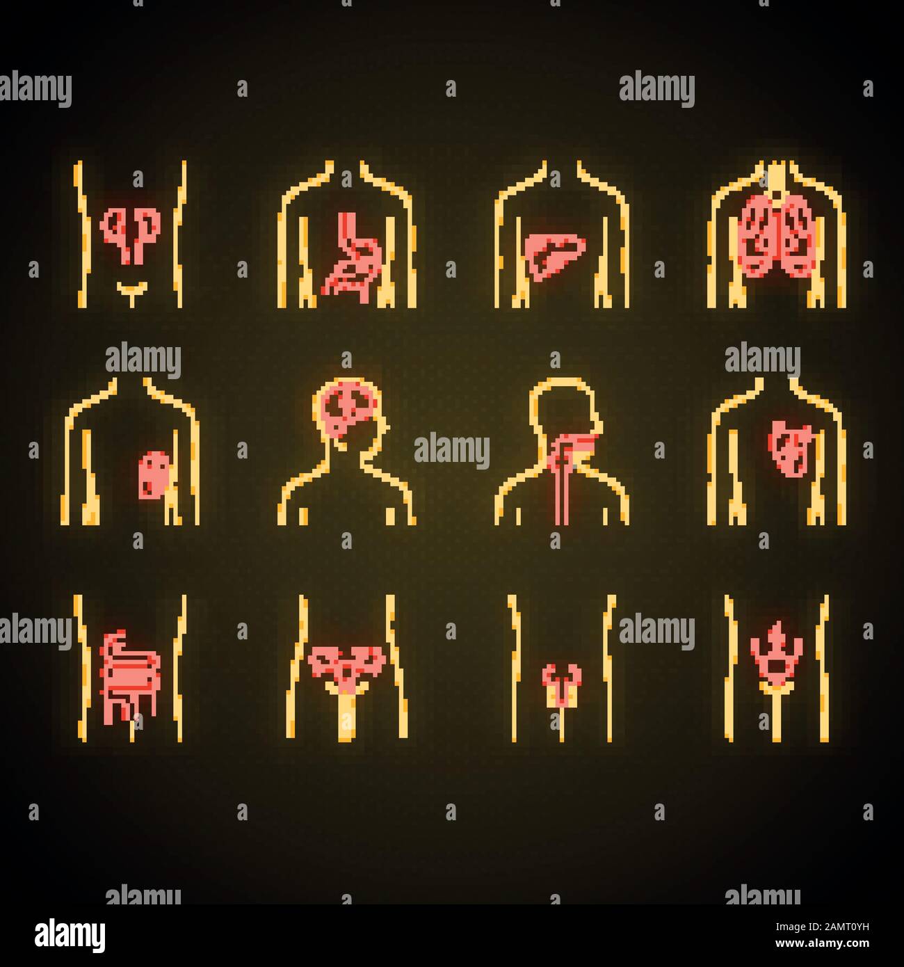 Ill human organs neon light icons set. Sore heart and lungs. Aching ...