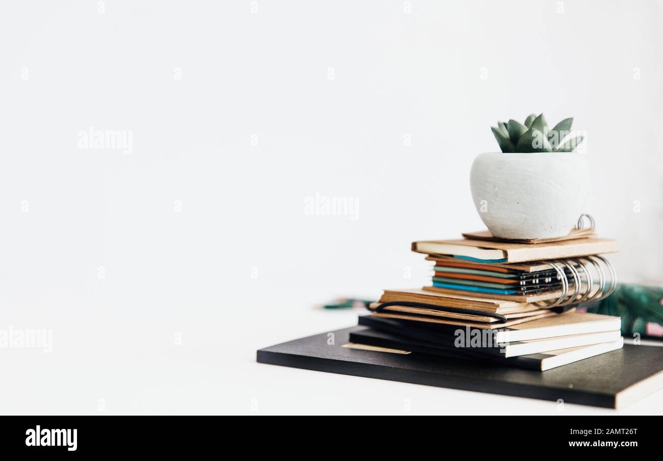 Stack of notebooks and a succulent plant on a table Stock Photo