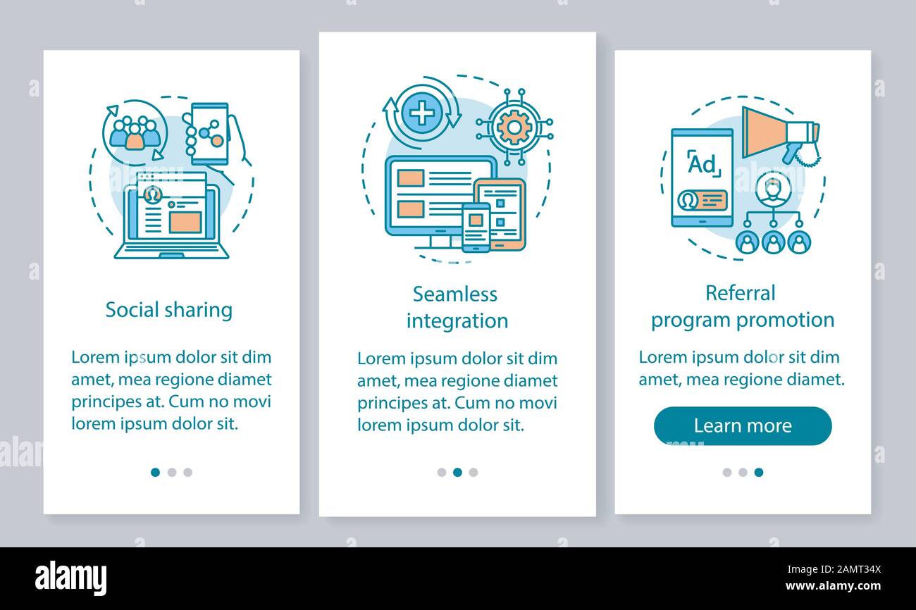 Referral program key items onboarding mobile app page screen vector template. Customer attraction, retention campaign. Website steps with linear illus Stock Vector