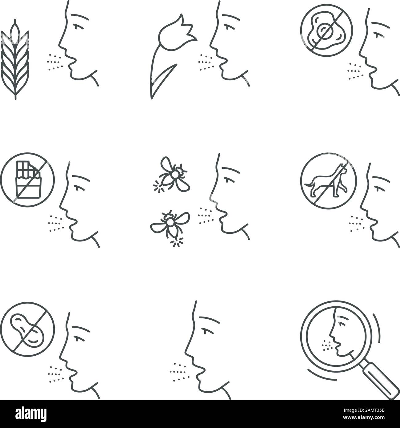 Allergies linear icons set. Food, animal, insect stings allergy, hay fever, diagnosis. Healthcare, medicine. Thin line contour symbols. Isolated vecto Stock Vector