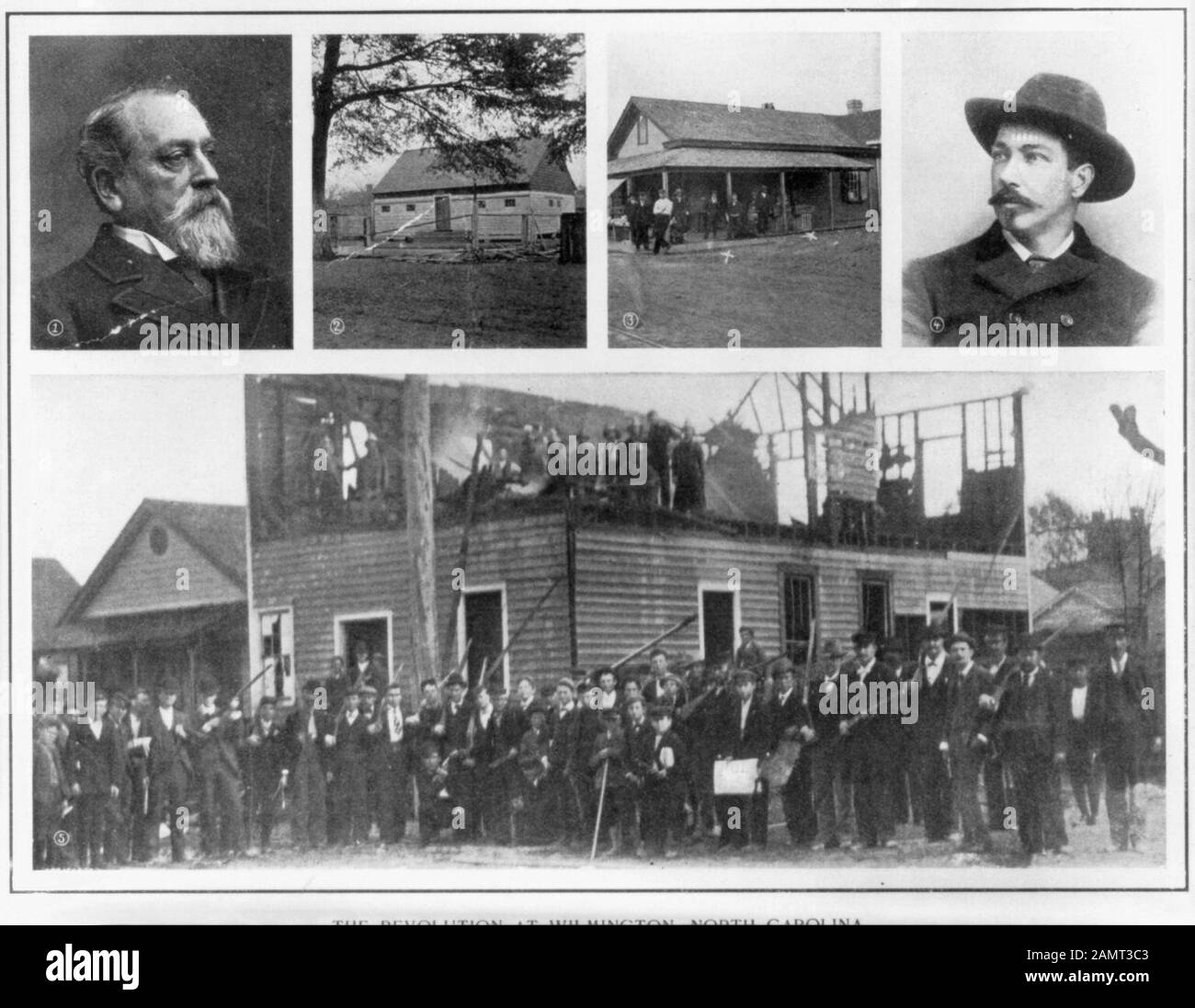 [Wilmington, N.C. race riot, 1898: montage of 5 photos: (1) Alfred M. Waddell; (2) Manhattan Park, where shooting took place; (3) 4th and Harnet, where first Negroes fell; (4) E.G. Parmalee, new chief of police (5) The wrecked Record building and group of vigilantes]; 26 November 1898; https://www..gov/pictures/item/2006680061/     Â   This image  is available from the United States 's Prints and Photographs division under the digital ID cph.3a51950.This tag does not indicate the copyright status of the attached work. A normal copyright tag is still required. See Stock Photo