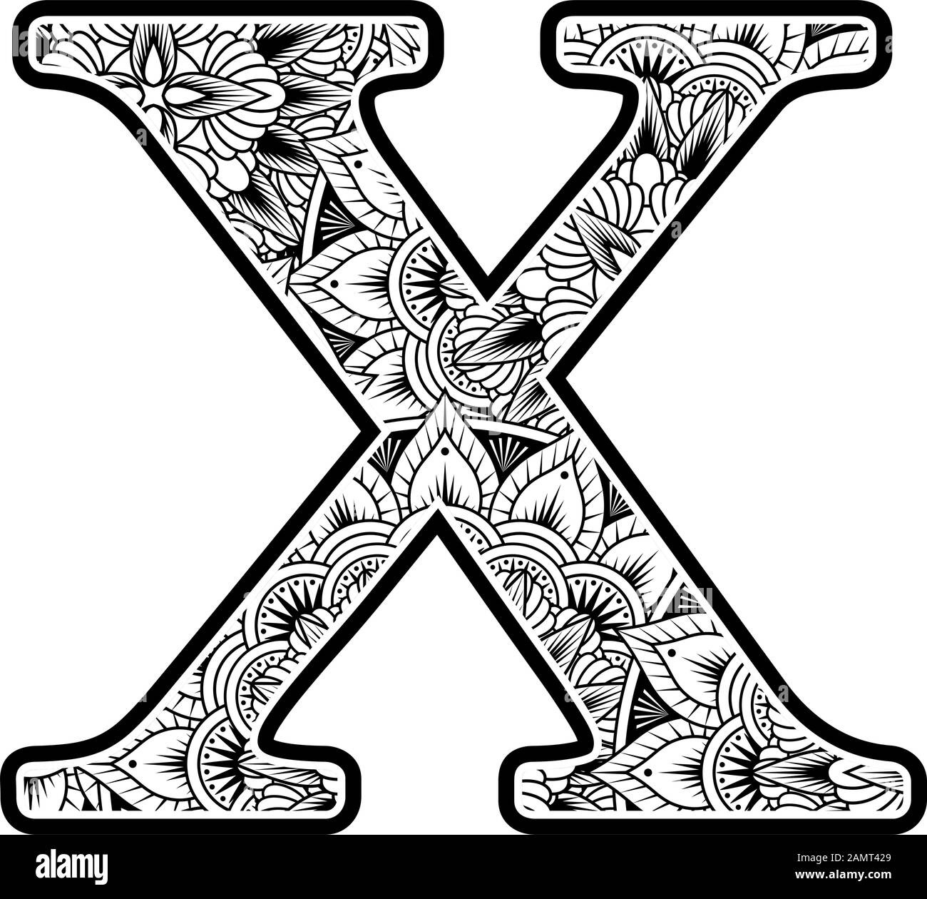 capital letter x with abstract flowers ornaments in black and white. design inspired from mandala art style for coloring. Isolated on white background Stock Vector