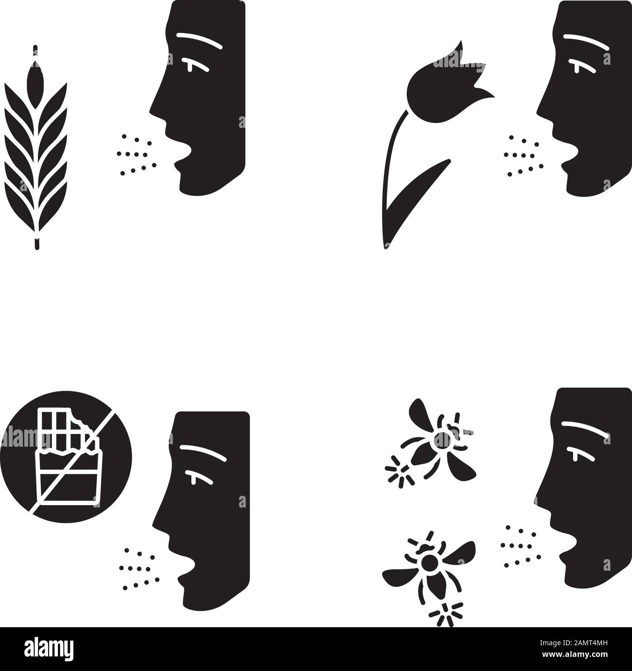 Allergies glyph icons set. Hay fever, allergy to food and insects stings. Sensitivity of immune system. Allergen sources. Medical problem. Silhouette Stock Vector