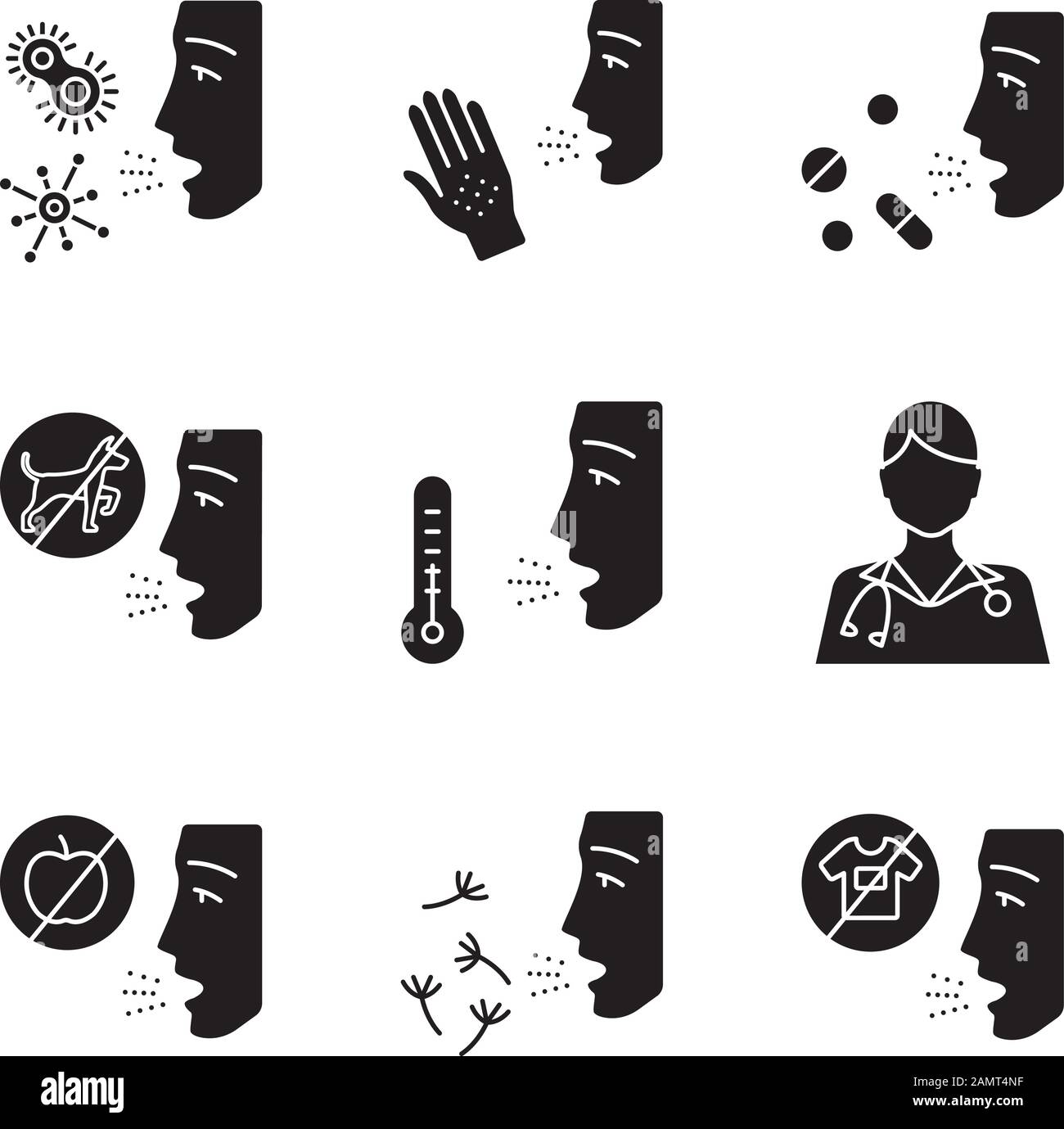 Allergies glyph icons set. Contact, food, respiratory diseases. Allergen sources. Diagnosis and medication. Hypersensitivity of immune system. Silhoue Stock Vector