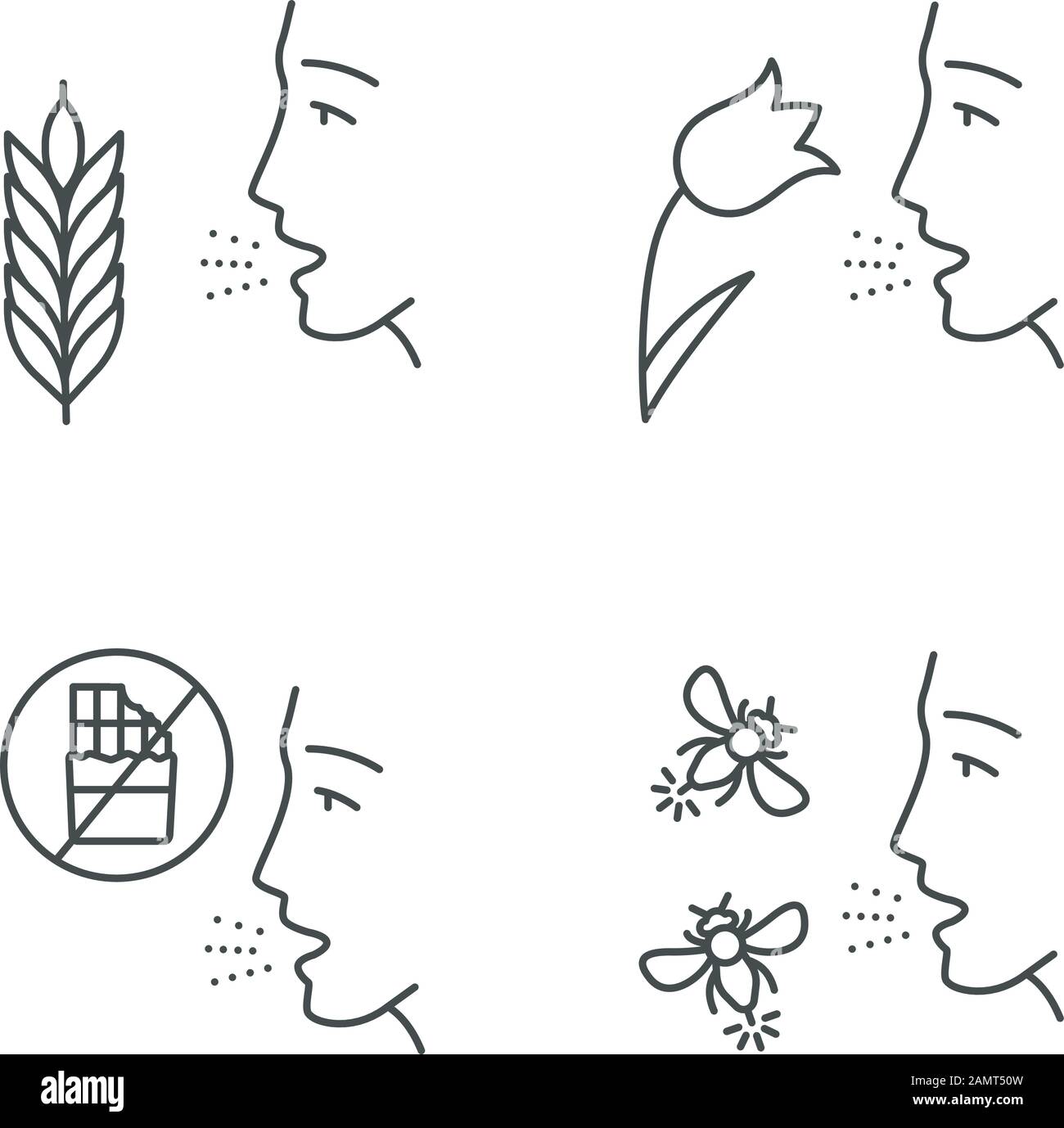 Allergies linear icons set. Hay fever, allergy to food and insects stings. Allergen sources. Medical problem. Thin line contour symbols. Isolated vect Stock Vector