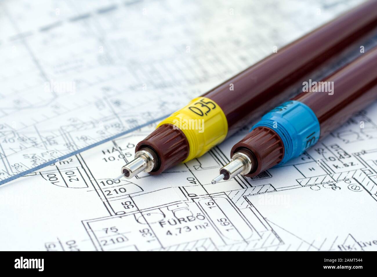 Technical drawing pens on a floor plan, blueprint Stock Photo Alamy