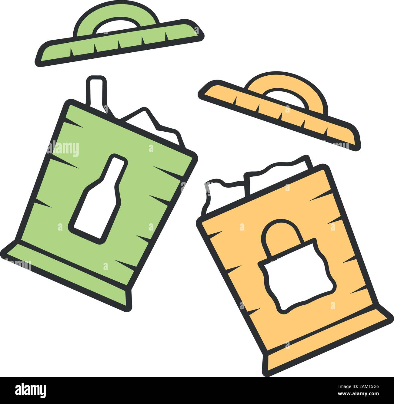 Trash sorting bins color icon. Trashcans for separating glass, paper waste. Rubbish containers for garbage separation. Isolated vector illustration Stock Vector