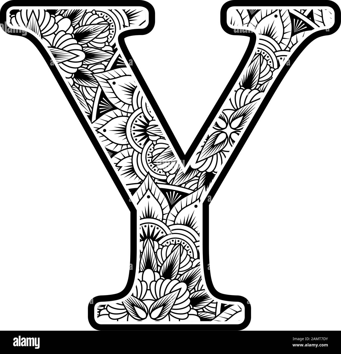 capital letter y with abstract flowers ornaments in black and white. design inspired from mandala art style for coloring. Isolated on white background Stock Vector