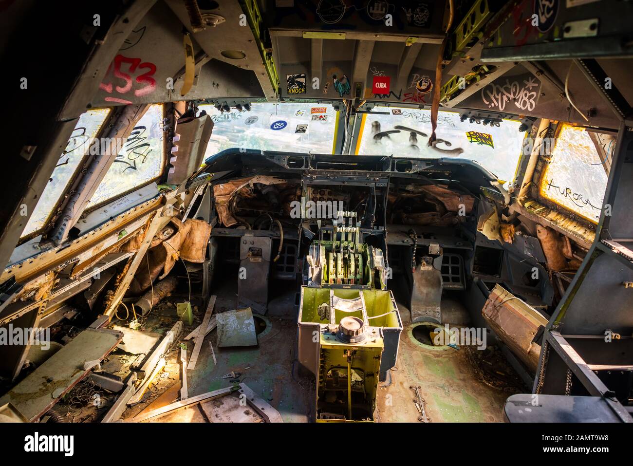 Bangkok/Thailand-06 December 2019: Bangkok airplane graveyard, cockpit detail from indoors of a broken commercial airplane wreckage. Stock Photo