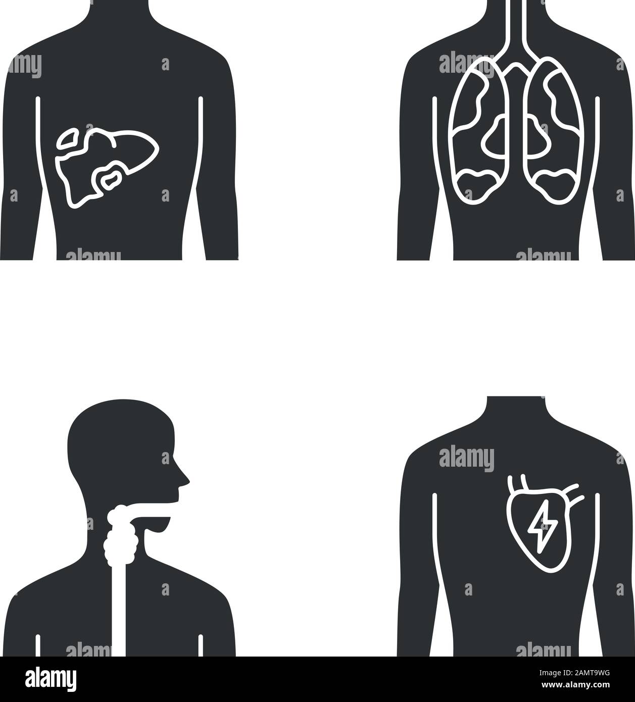 Ill human organs glyph icons set. Sore liver and lungs. Aching throat ...