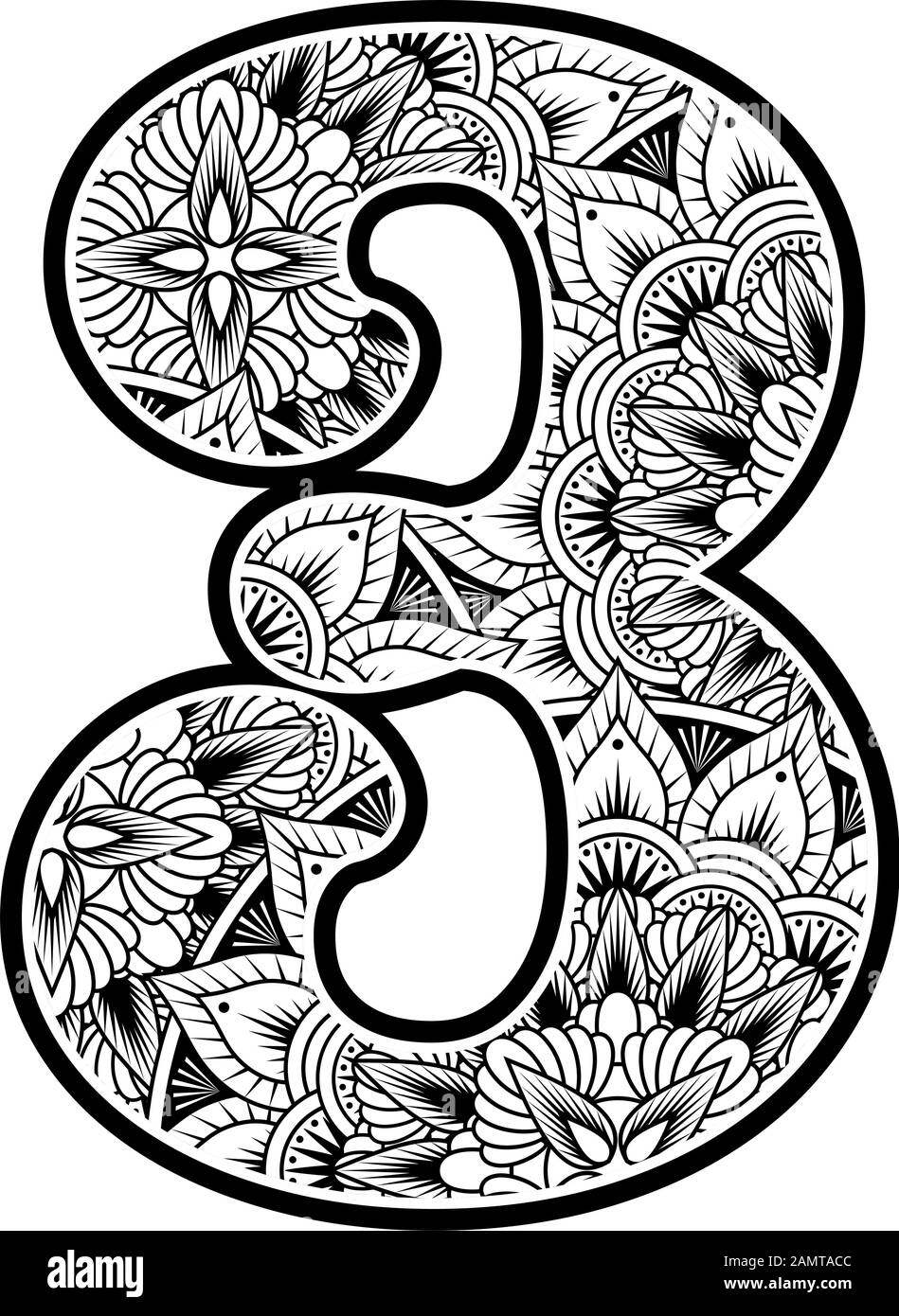 number 3 with abstract flowers ornaments in black and white. design inspired from mandala art style for coloring. Isolated on white background Stock Vector