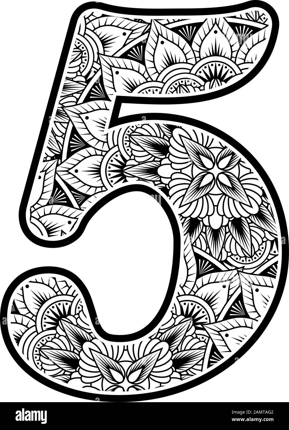 number 5 with abstract flowers ornaments in black and white. design inspired from mandala art style for coloring. Isolated on white background Stock Vector