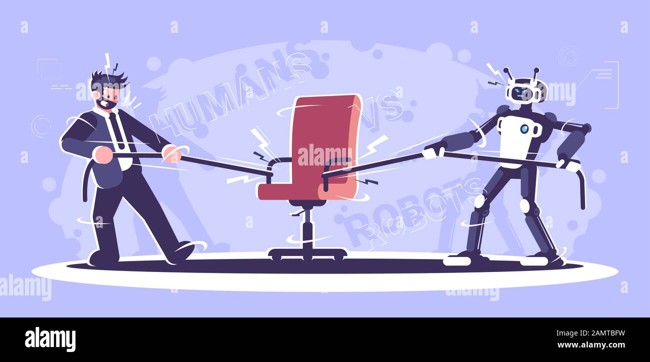 Human vs robot workers flat vector illustration. Humanoid and manager  pulling rope with office chair. Cyborg and human staff fighting for open  vacancy Stock Vector Image & Art - Alamy