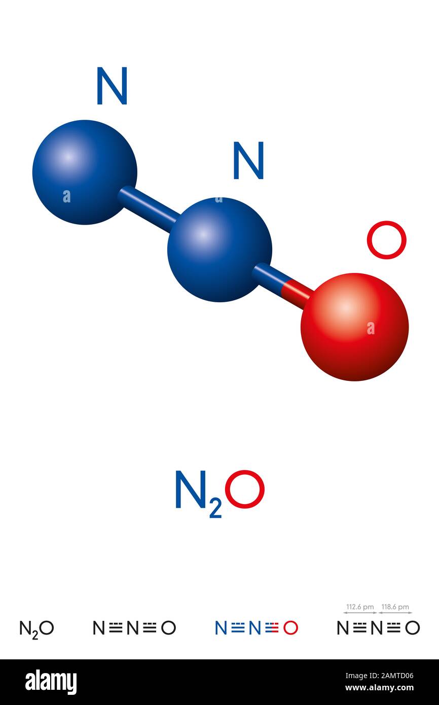 Nitrous oxide, N2O, laughing gas, molecule model and chemical