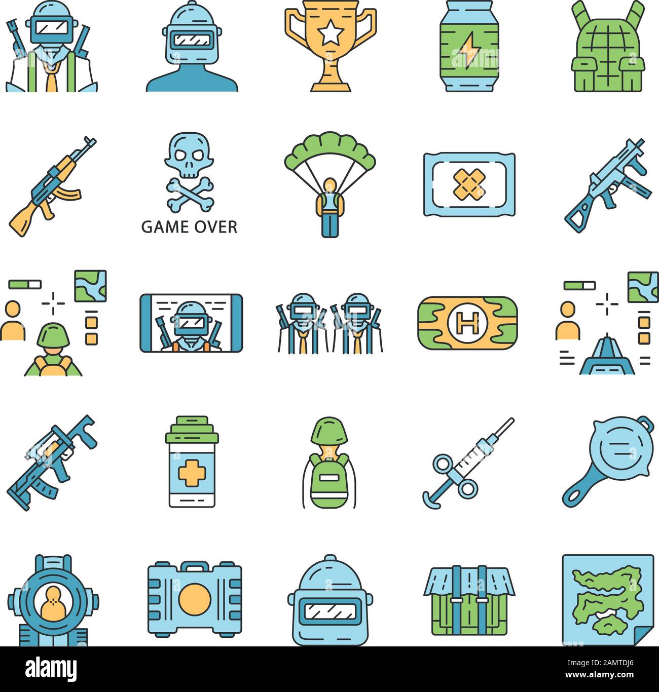 Online game inventory color icons set. Esports, cybersports. Battle royale.  Computer, video game equipment. Soldier,…