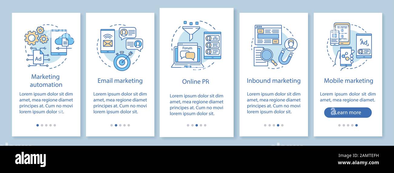 Digital marketing tactics onboarding mobile app page screen with linear ...