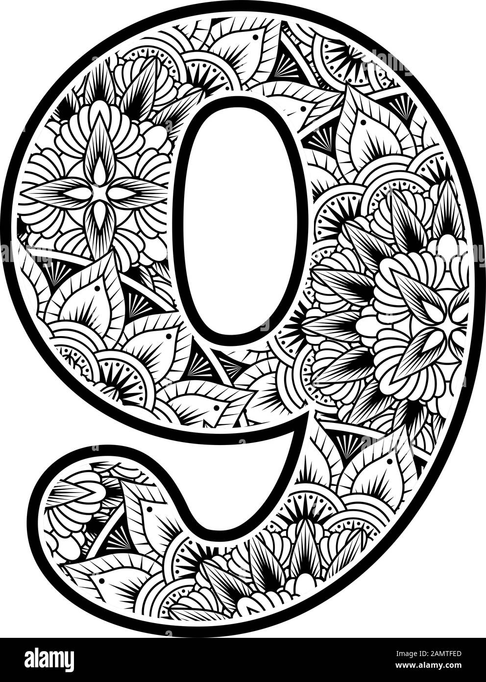 number 9 with abstract flowers ornaments in black and white. design inspired from mandala art style for coloring. Isolated on white background Stock Vector