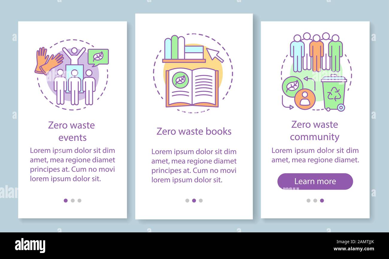 Zero waste education onboarding mobile app page screen with linear ...