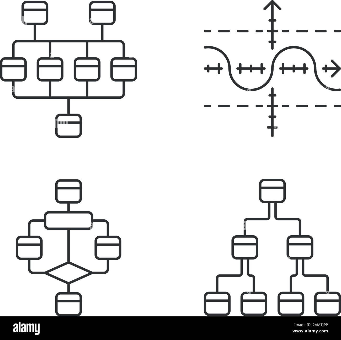 Diagrams linear icons set. Network, tree, function graph, flowchart. Planning, process flow. Statistics data. Thin line contour symbols. Isolated vect Stock Vector