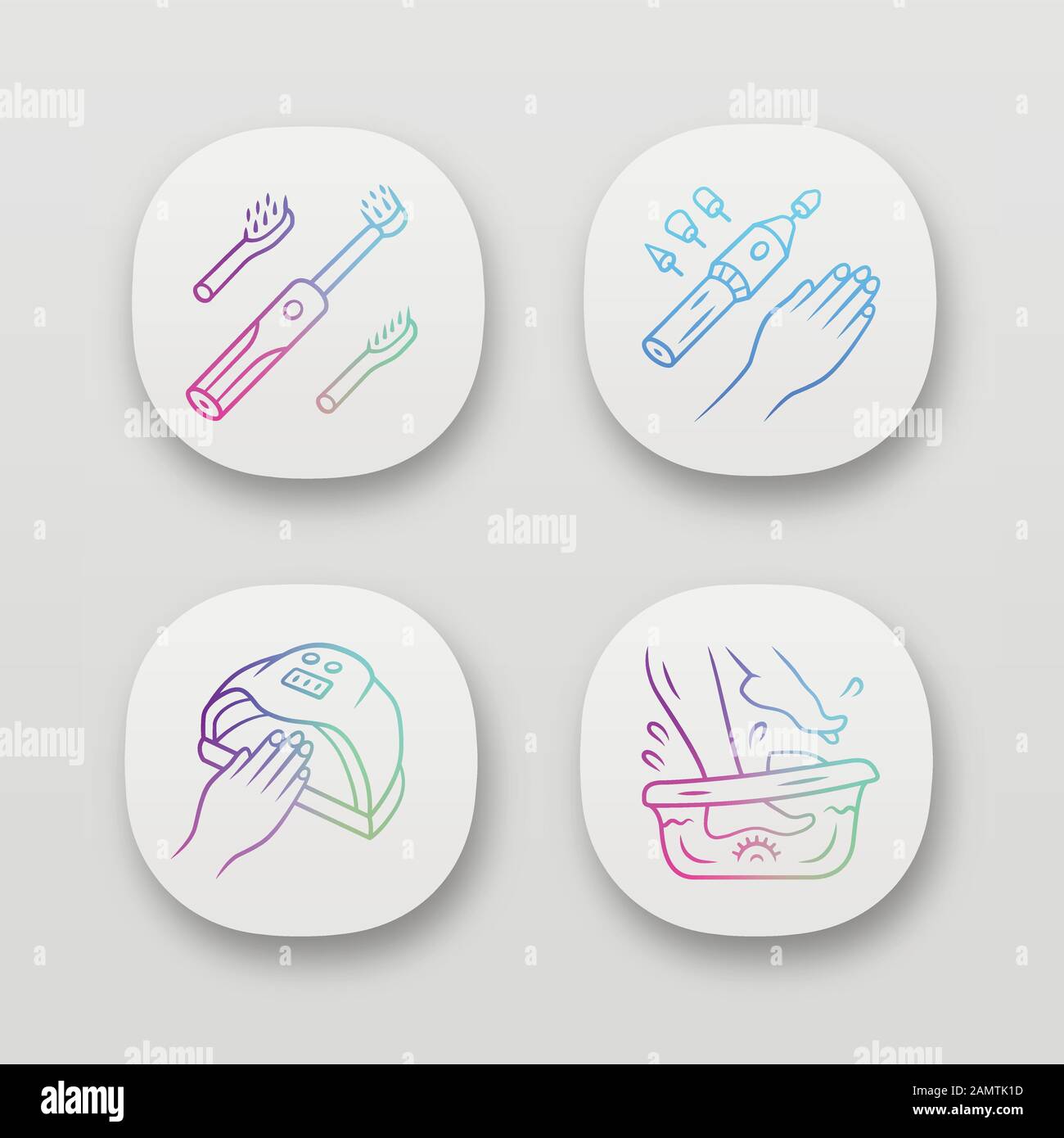 Beauty devices app icons set. Electric toothbrush and foot spa bath massager. Electric manicure and nail dryer. UI/UX user interface. Web or mobile ap Stock Vector