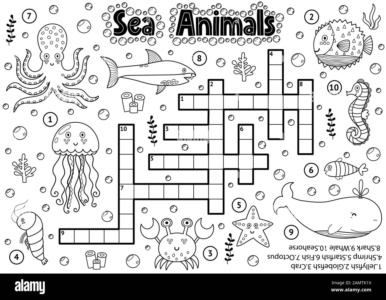 Black and white crossword with sea animals for coloring Stock Vector