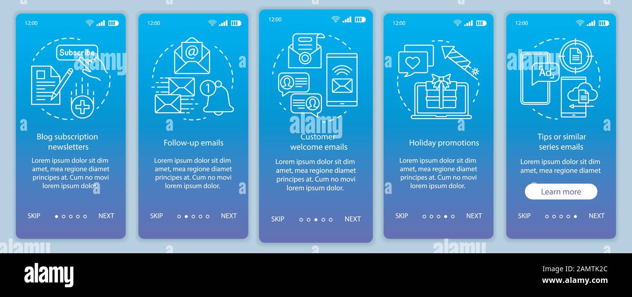 Email marketing blue onboarding mobile app page screen vector template ...