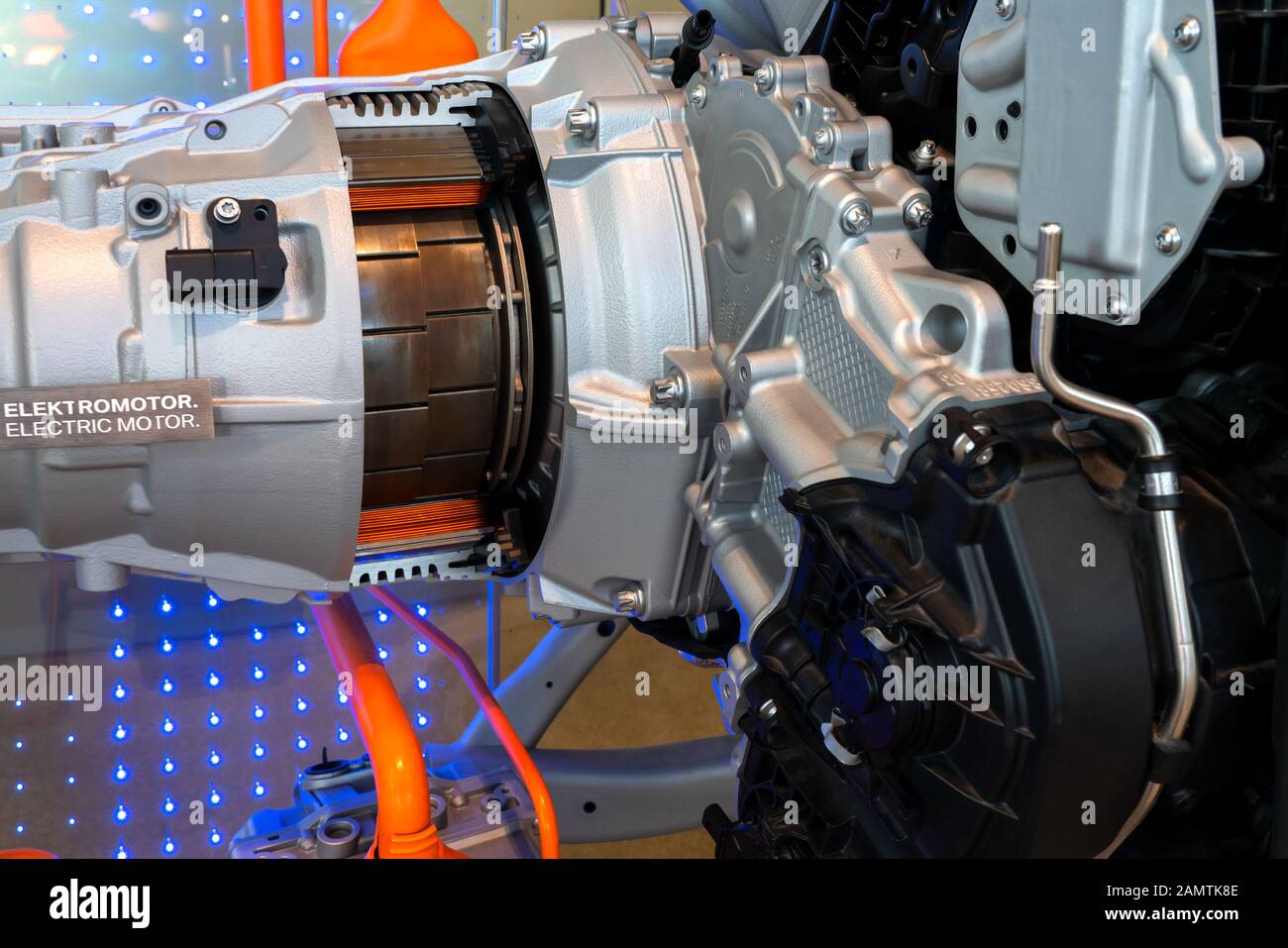 Munich, Germany,08/24/2019 Part of the BMW's new electric car powertrain system exhibited in